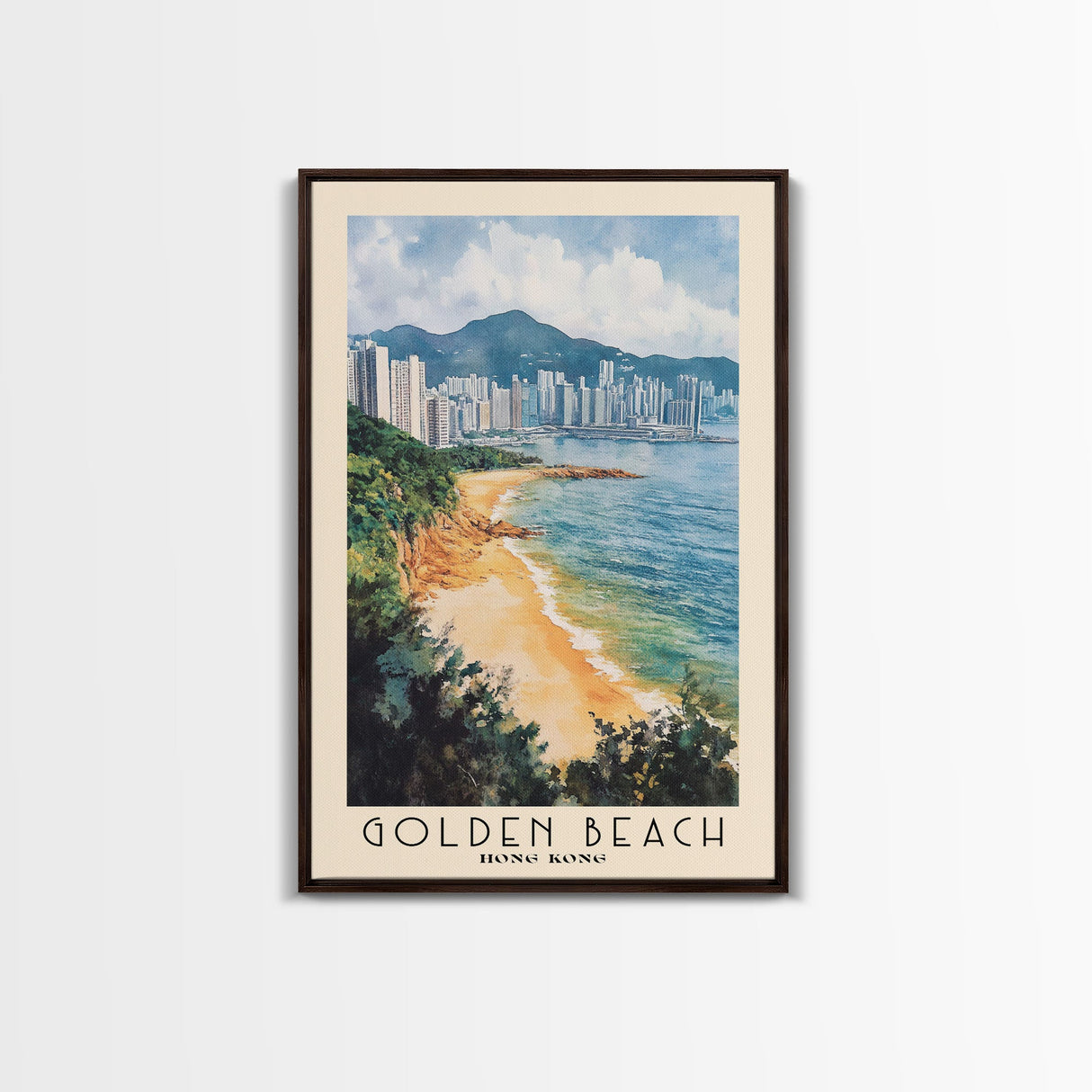 Golden Beach, Hong Kong Watercolor Print, Vacation Gift, Hong Kong Wall Art, Beach Painting, Beach Decor, Large Wall Art, Wood Frame Art