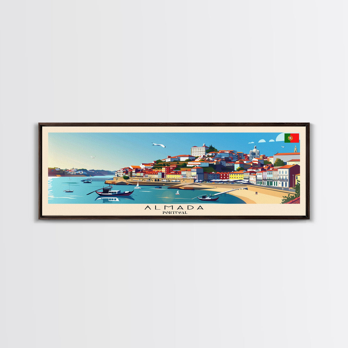 Almada Portugal Travel Art, City Art, Framed Canvas Print or Metal Wall Art, Europe Travel Poster, Panoramic Wall Art, Extra Wide Wall Art