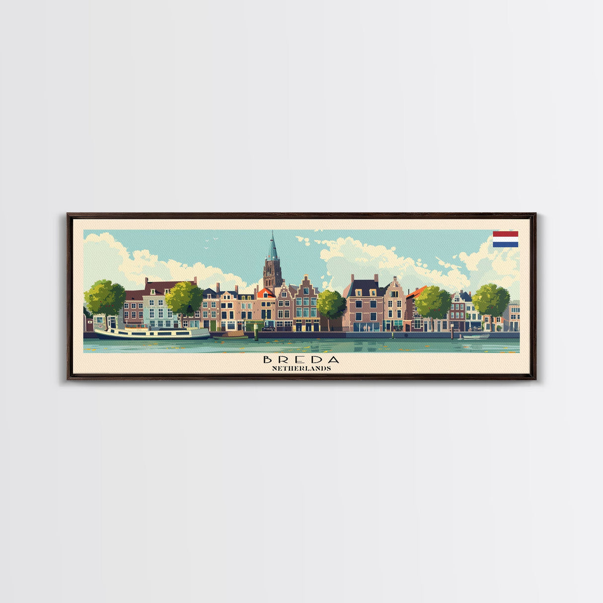 Breda Netherlands Panoramic Travel Poster, Framed Canvas Print or Metal Wall Art, Travel Art, Home Decor, Panoramic Painting, Midcentury Art