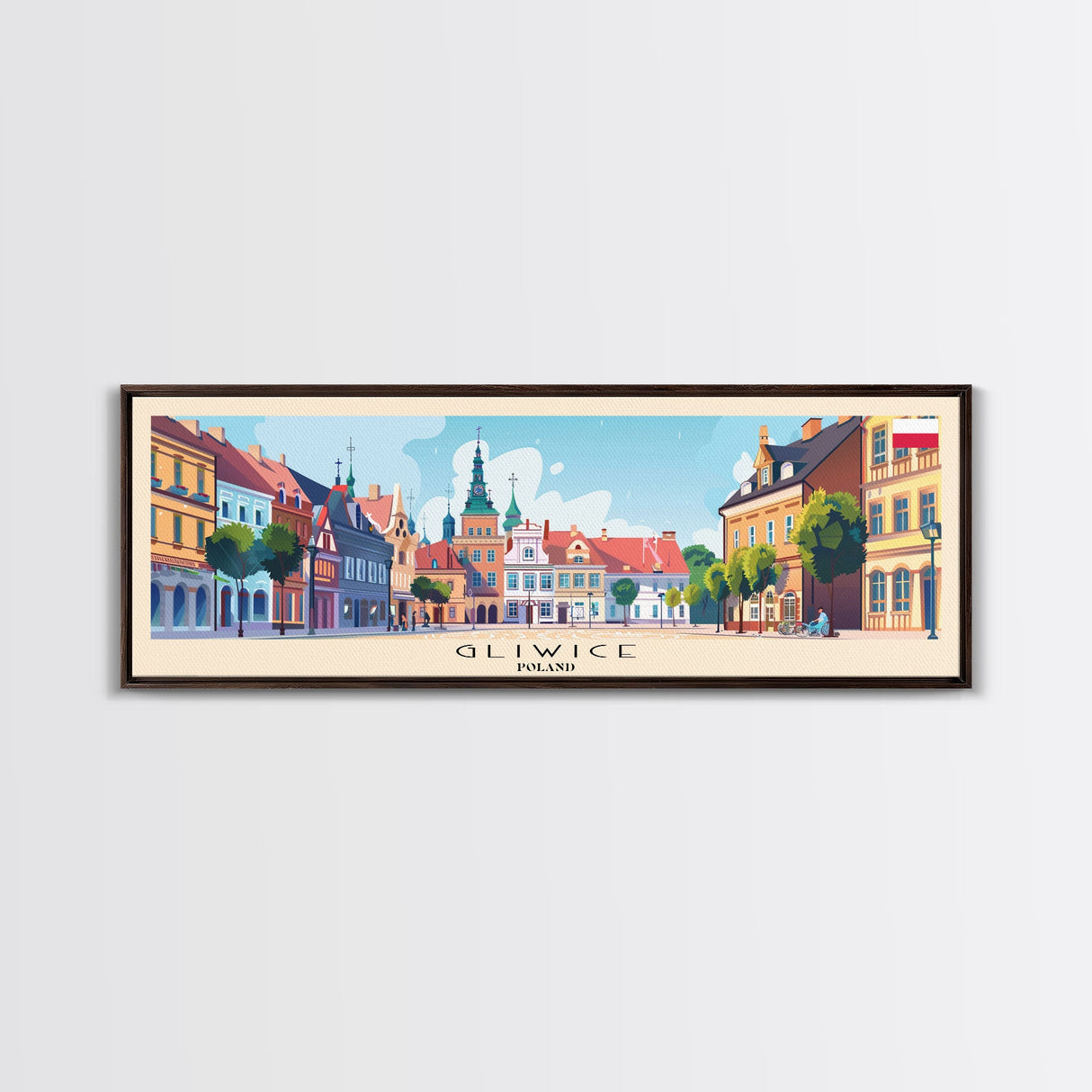 Gliwice Poland Panoramic Travel Poster, Framed Canvas Print or Metal Wall Art, Travel Art, Home Decor, Panoramic Painting, Midcentury Art