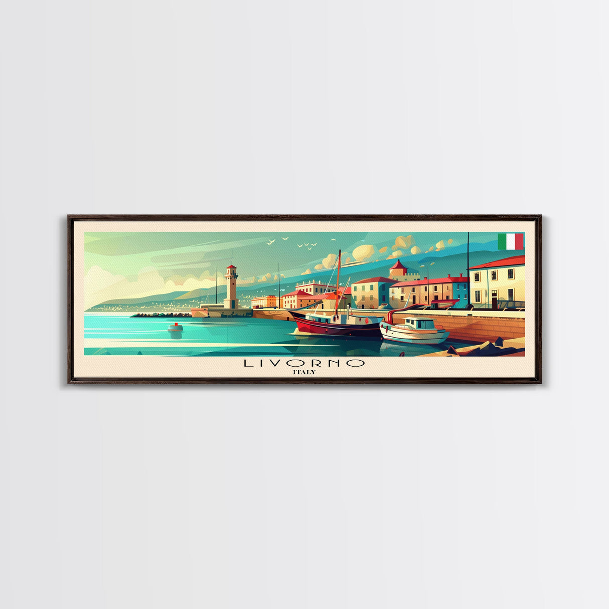 Livorno Italy Panoramic Travel Poster, Framed Canvas Print or Metal Wall Art, Travel Art, Home Decor, Panoramic Painting, Midcentury Art