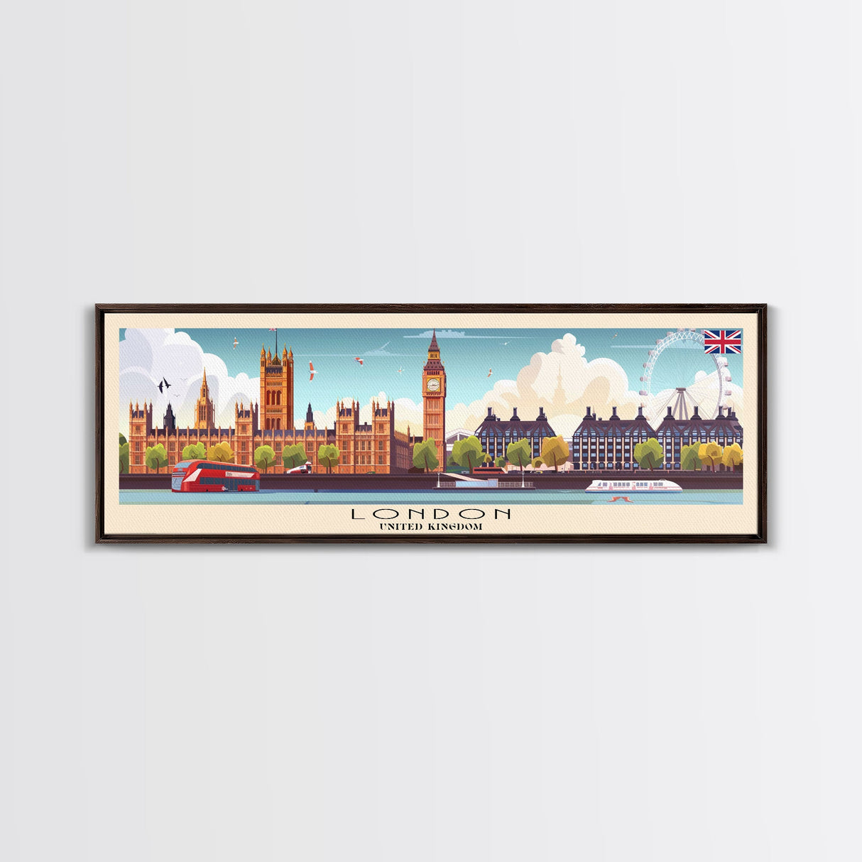 London United Kingdom Panoramic Travel Poster, Framed Canvas Print or Metal Wall Art, Travel Art, Home Decor, Panoramic Painting, Midcentury Art