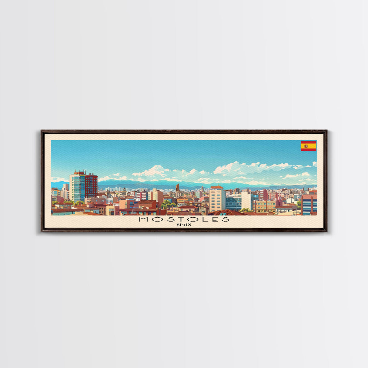 Mostoles Spain Panoramic Travel Poster, Framed Canvas Print or Metal Wall Art, Travel Art, Home Decor, Panoramic Painting, Midcentury Art