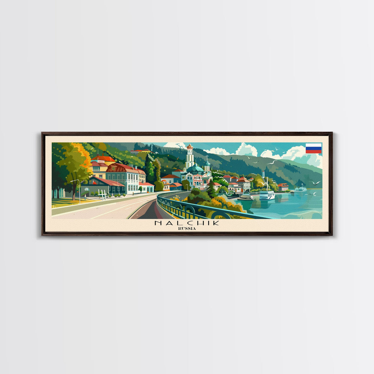 Nalchik Russia Panoramic Travel Poster, Framed Canvas Print or Metal Wall Art, Travel Art, Home Decor, Panoramic Painting, Midcentury Art