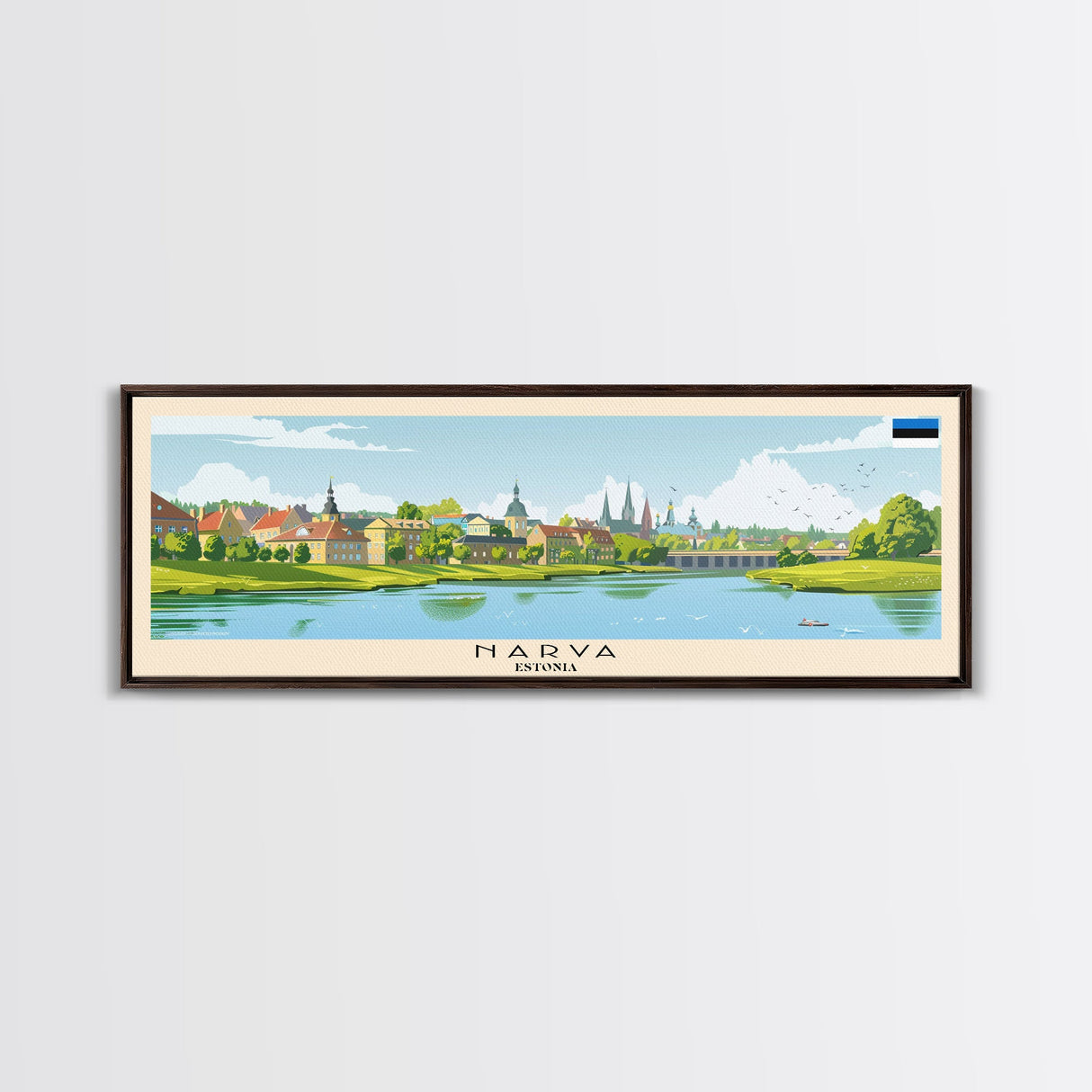Narva Estonia Panoramic Travel Poster, Framed Canvas Print or Metal Wall Art, Travel Art, Home Decor, Panoramic Painting, Midcentury Art