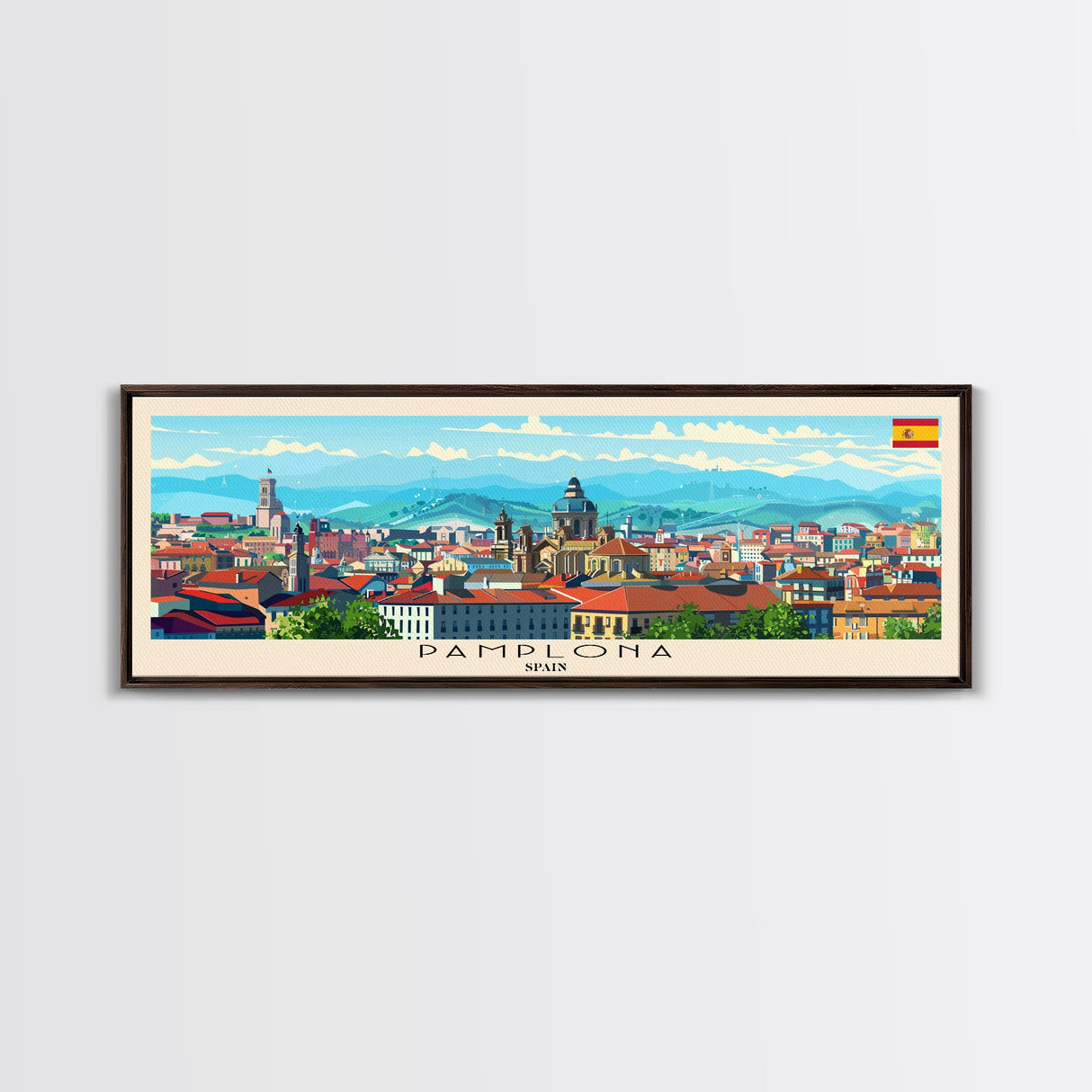 Pamplona Spain Panoramic Travel Poster, Framed Canvas Print or Metal Wall Art, Travel Art, Home Decor, Panoramic Painting, Midcentury Art