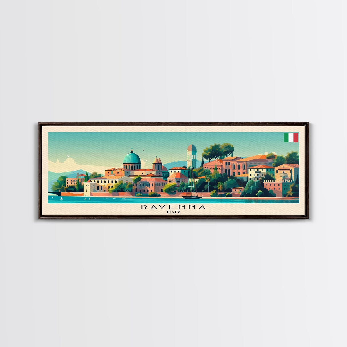 Ravenna Italy Panoramic Travel Poster, Framed Canvas Print or Metal Wall Art, Travel Art, Home Decor, Panoramic Painting, Midcentury Art