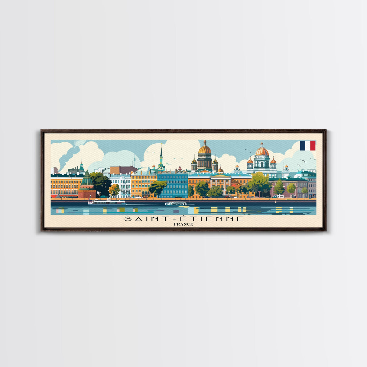 Saint Etienne France Panoramic Travel Poster, Framed Canvas Print or Metal Wall Art, Travel Art, Home Decor, Panoramic Painting, Midcentury Art