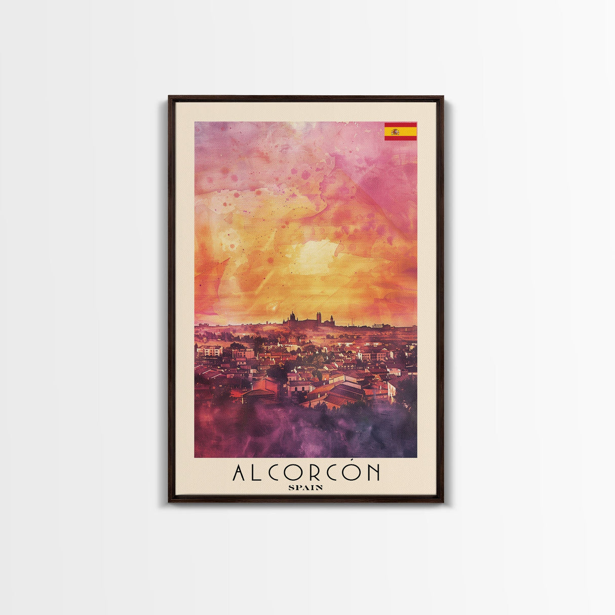 Alcorcón Spain Sunset Skyline Travel Poster Art, Framed Canvas Print, Beautiful Wall Art for Living Room or Bedroom, Home Decoration