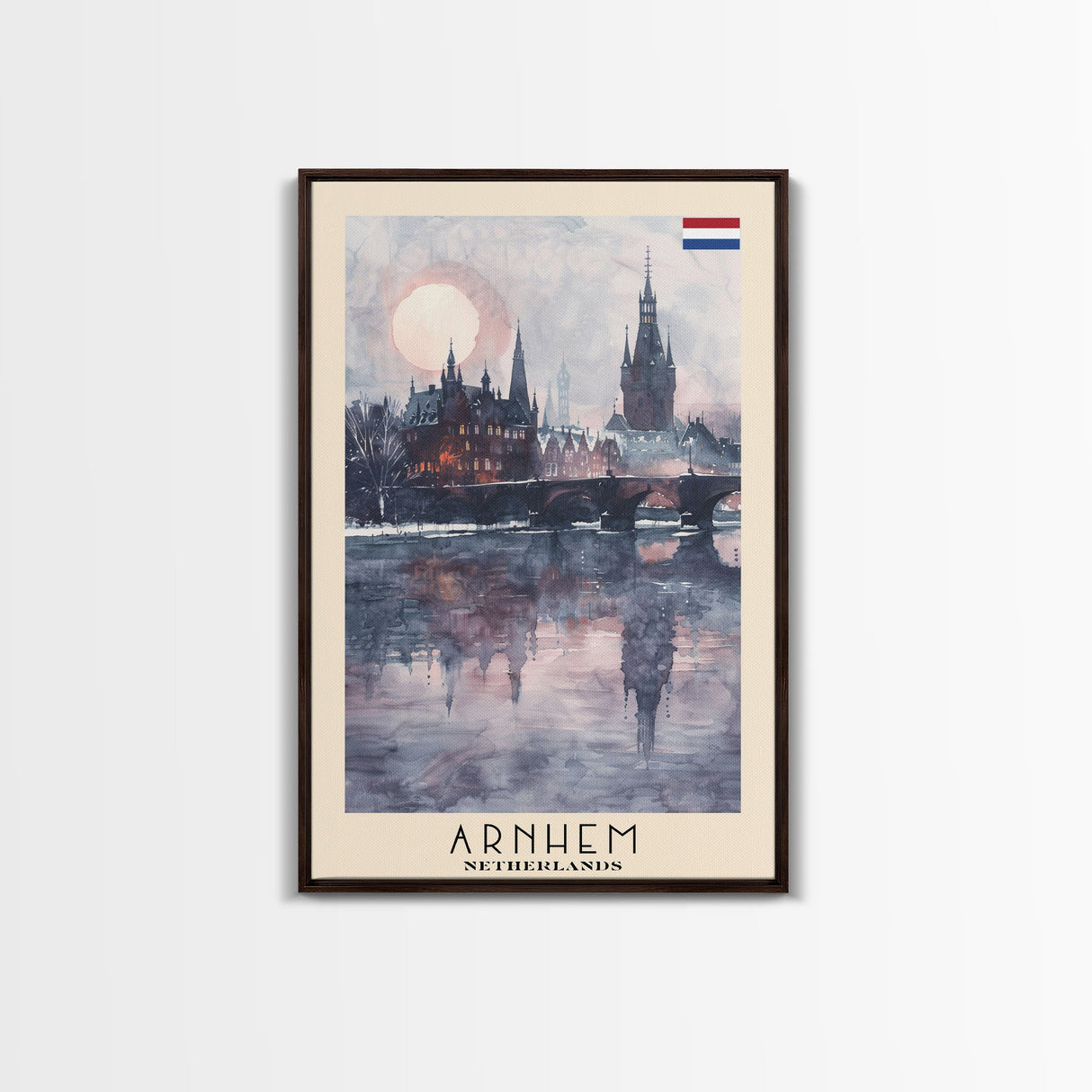 Arnhem Netherlands Travel Poster Framed Canvas Print, Wall Art, Home Decor, Vacation Print, Watercolor Painting, Cityscape Art