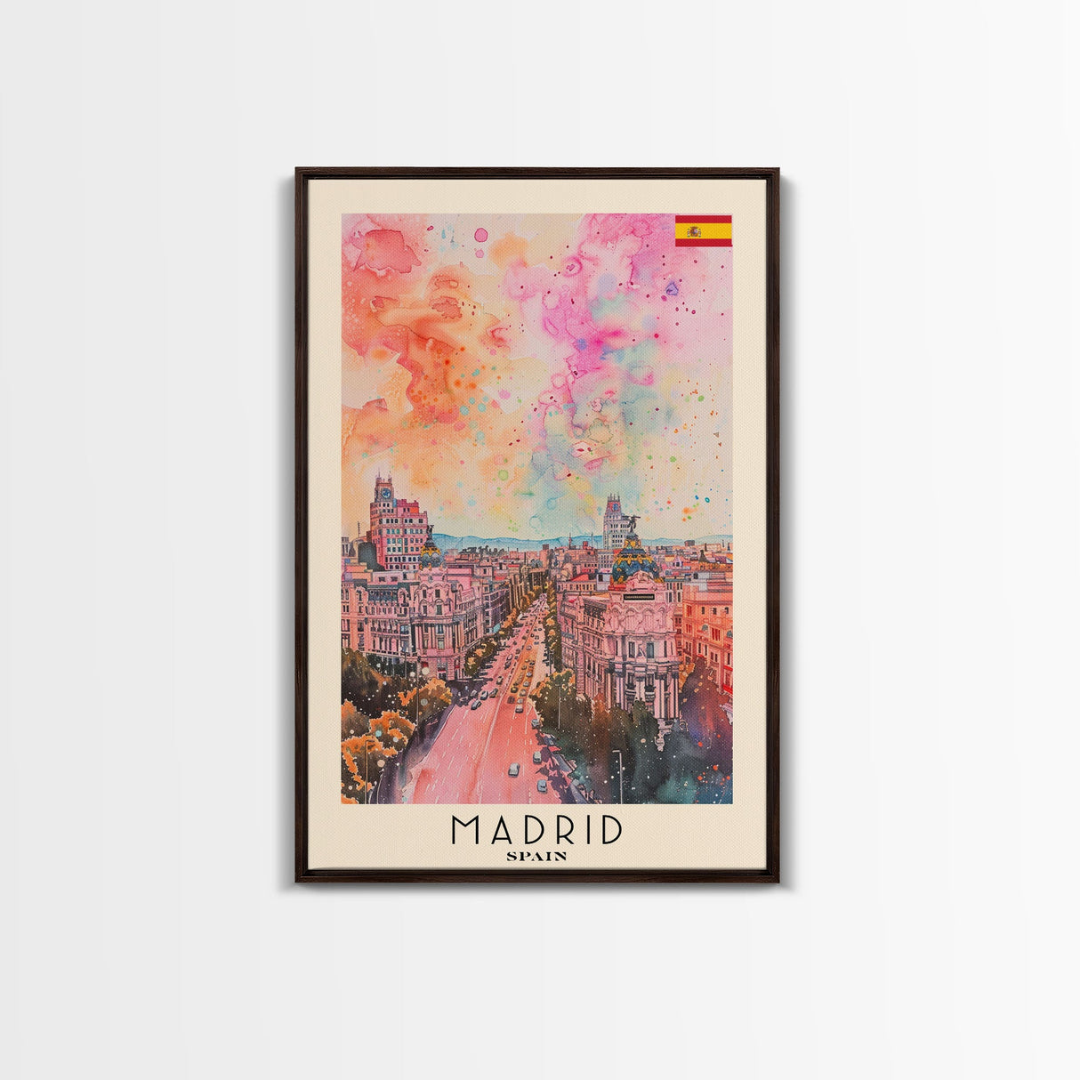 Madrid Spain Travel Poster Framed Canvas Print, Iconic Cityscape, Urban Art, Wall Decor, Home Decoration, Travel Print, Original Artwork
