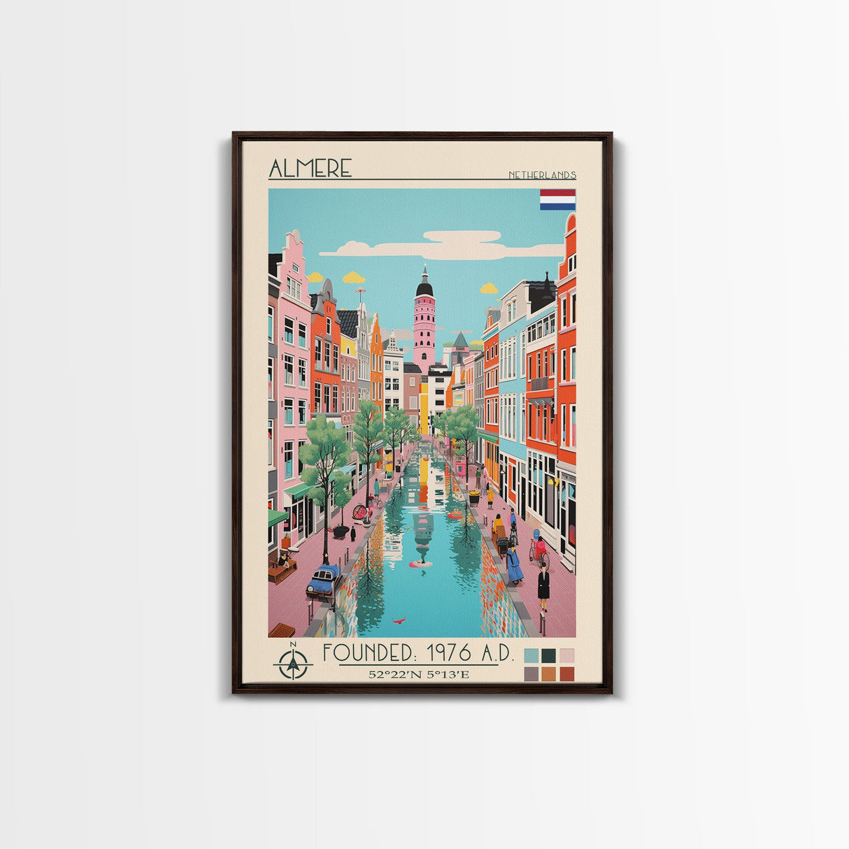 Almere Netherlands Travel Poster Framed Canvas Print, Midcentury Modern Art, Pop Art Decor, Wall Art, Vacation Gift, Living Room Decoration, Scenic Print