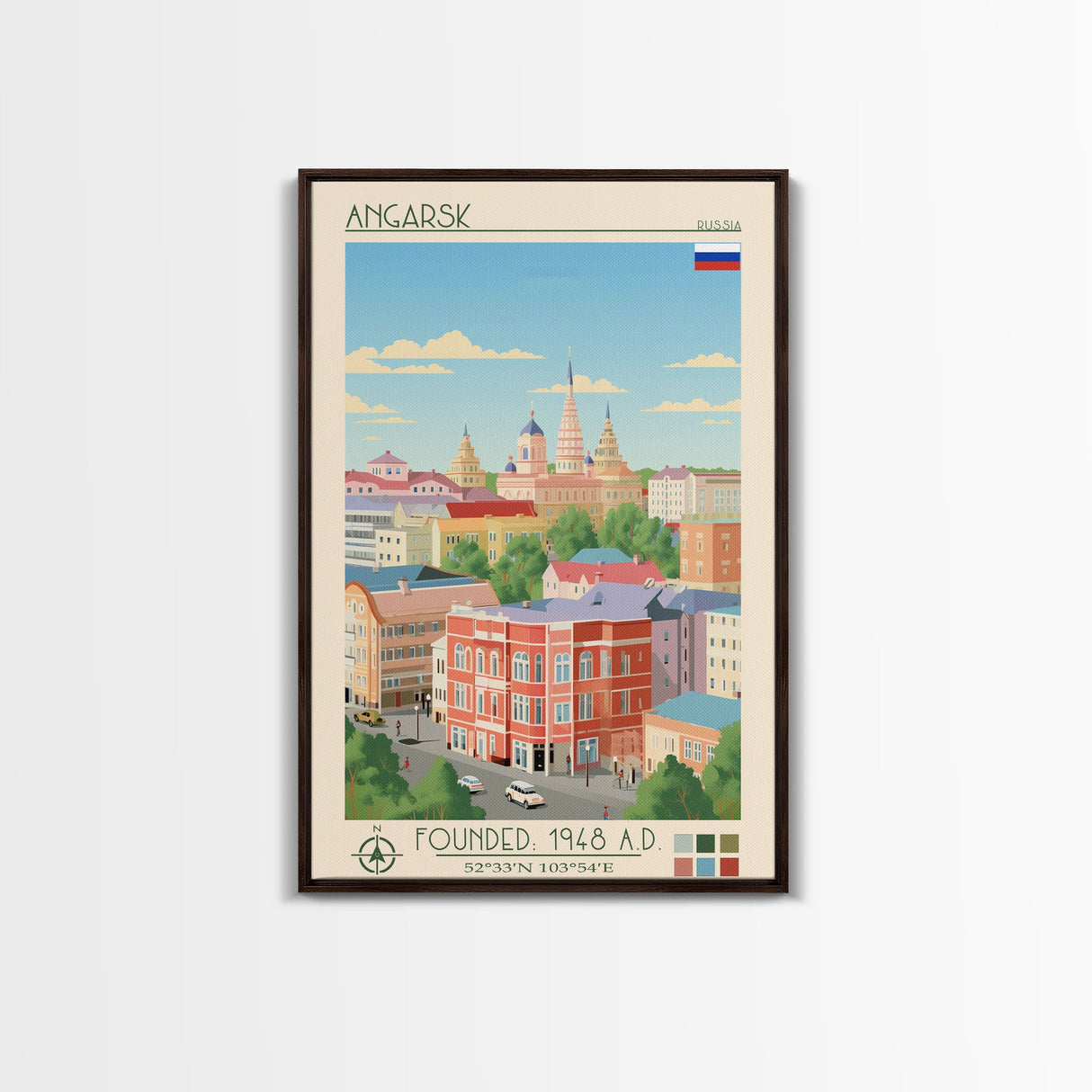 Angarsk Russia Travel Poster Framed Canvas Print, Midcentury Modern Art, Pop Art Decor, Wall Art, Vacation Gift, Living Room Decoration, Scenic Print