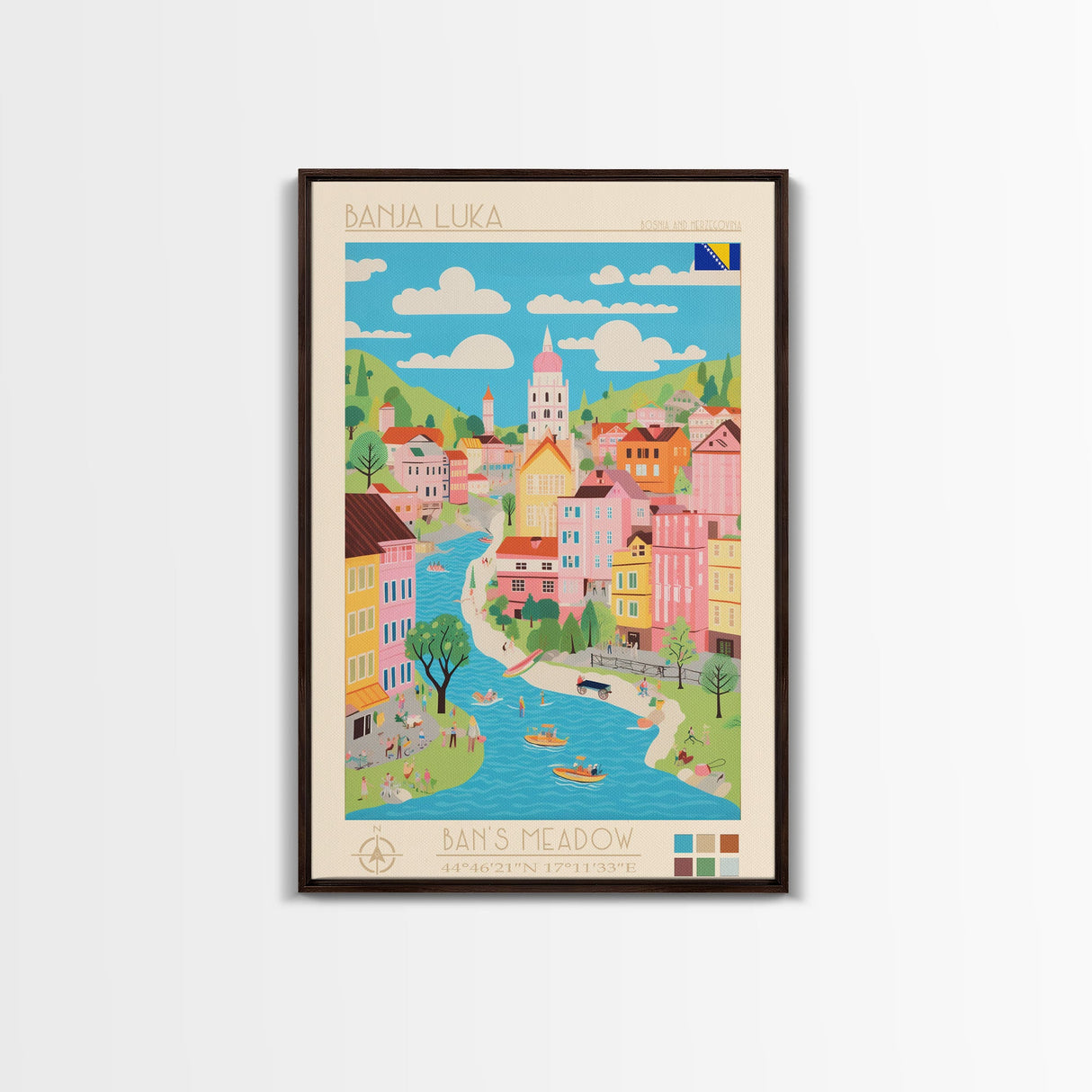 Banja Luka Bosnia Travel Poster Framed Canvas Print, Midcentury Modern Art, Pop Art Wall Decor, Home Decor, Vacation Gift, Living Room Art