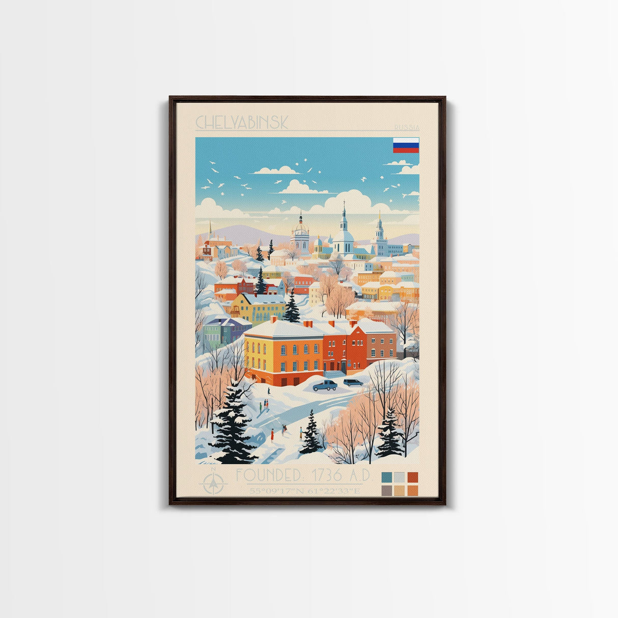 Chelyabinsk Russia Travel Poster Framed Canvas Print, Midcentury Modern Art, Pop Art Wall Decor, Home Decor, Vacation Gift, Living Room Art