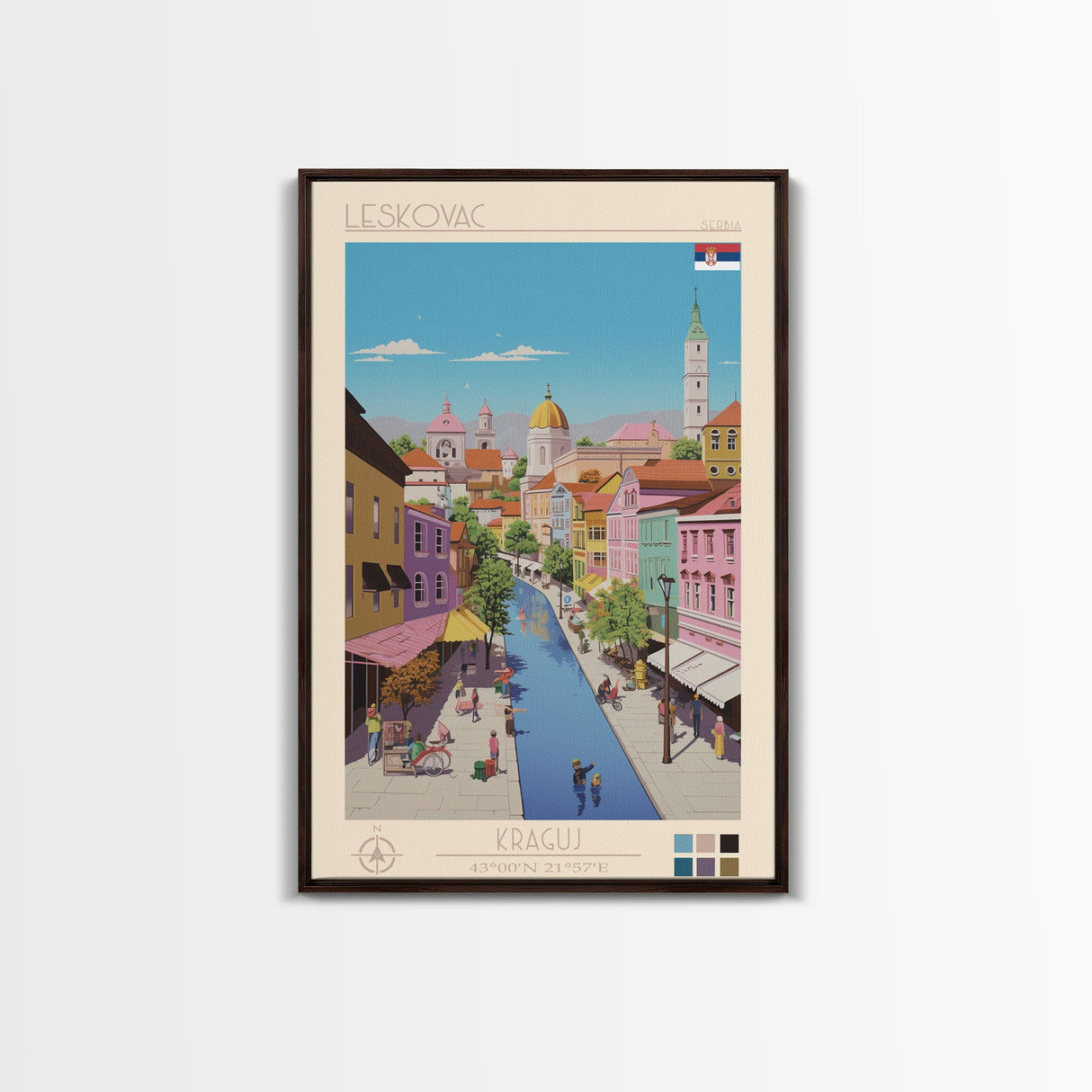 Leskovac Serbia Travel Poster Framed Canvas Print, Midcentury Modern Art, Pop Art Wall Decor, Scenic Wall Art, Living Room Decoration, Office Art