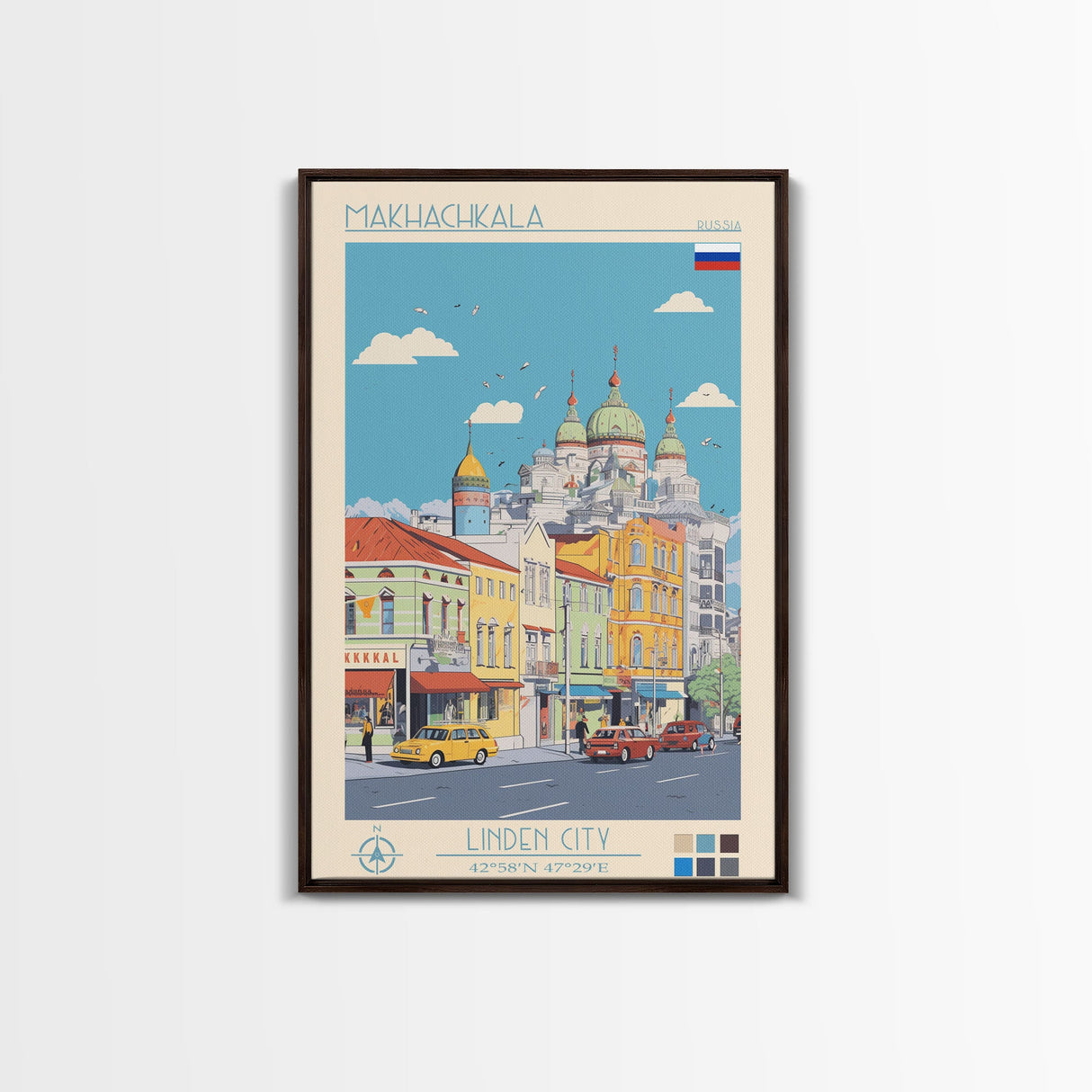 Makhachkala Russia Travel Poster Framed Canvas Print, Midcentury Modern Art, Pop Art Wall Decor, Scenic Wall Art, Living Room Decoration, Office Art