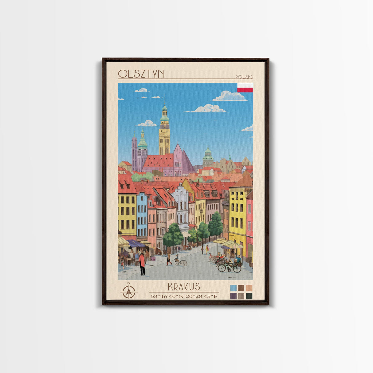Olsztyn Poland Travel Poster Framed Canvas Print, Midcentury Modern Art, Pop Art Wall Decor, Scenic Wall Art, Bedroom Decoration