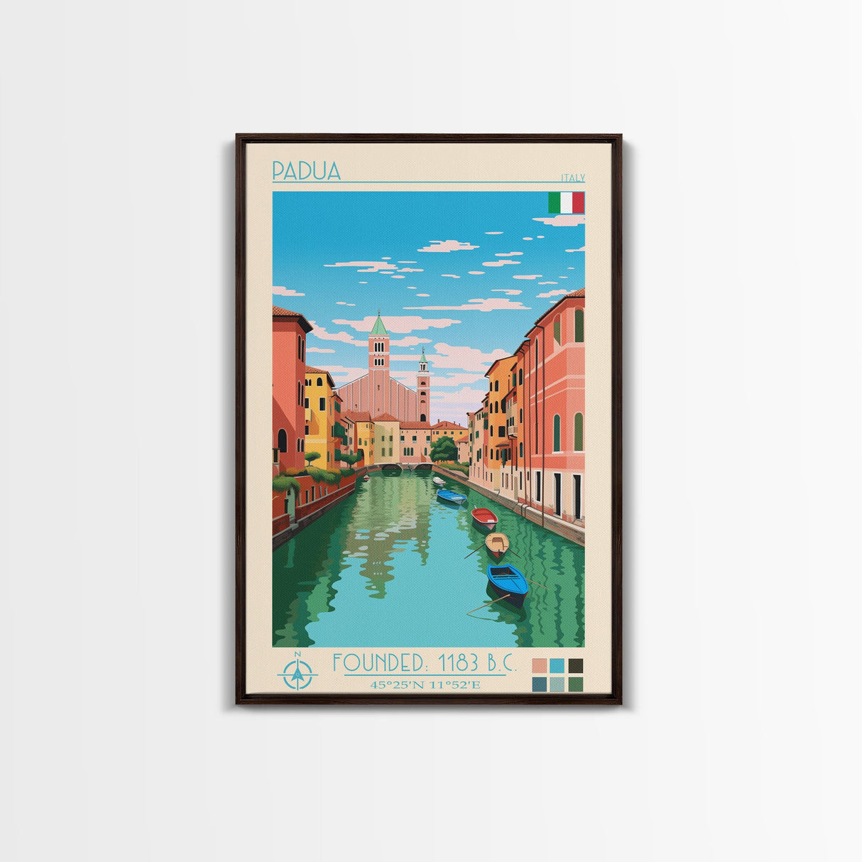 Padua Italy Travel Poster Framed Canvas Print, Midcentury Modern Art, Pop Art Wall Decor, Scenic Bedroom Art, Office Decoration