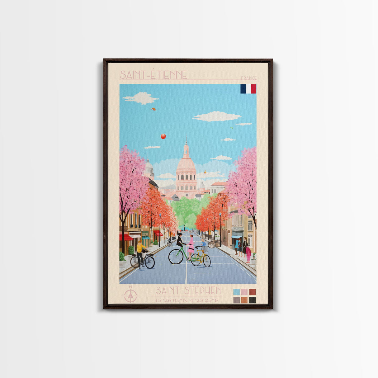 Saint-Étienne France Travel Poster Framed Canvas Print, Midcentury Modern Art, Pop Art Wall Decor, Living Room Art, Vacation Gift
