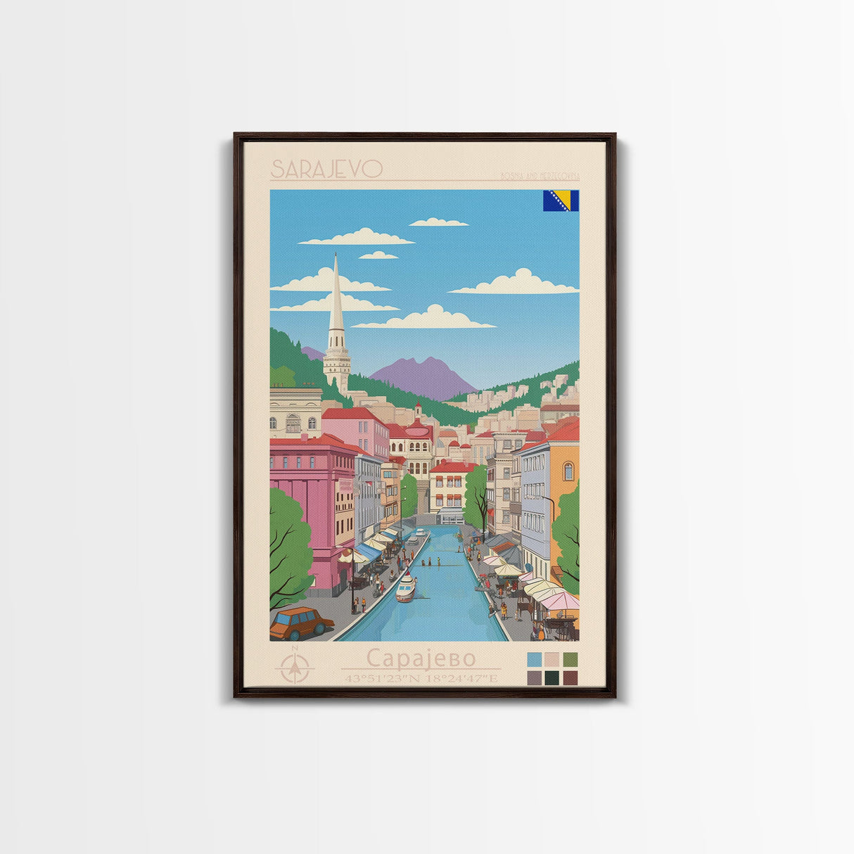 Sarajevo Bosnia and Herzegovina Travel Poster Framed Canvas Print, Midcentury Modern Art, Pop Art Wall Decor, Home Decor, Office Decoration