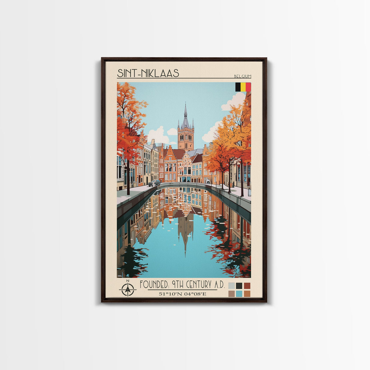 Sint-Niklaas Belgium Travel Poster Framed Canvas Print, Midcentury Modern Art, Pop Art Wall Decor, Scenic Wall Art, Bedroom Decoration