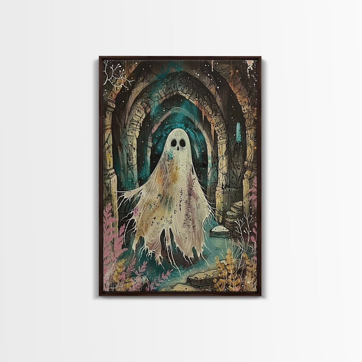 Ghostly Figure in Ancient Ruins Framed Canvas Print, Haunted Ruins Decor, Halloween Ghost Art, Eerie Ghostly Wall Art, Spooky Ghost Print