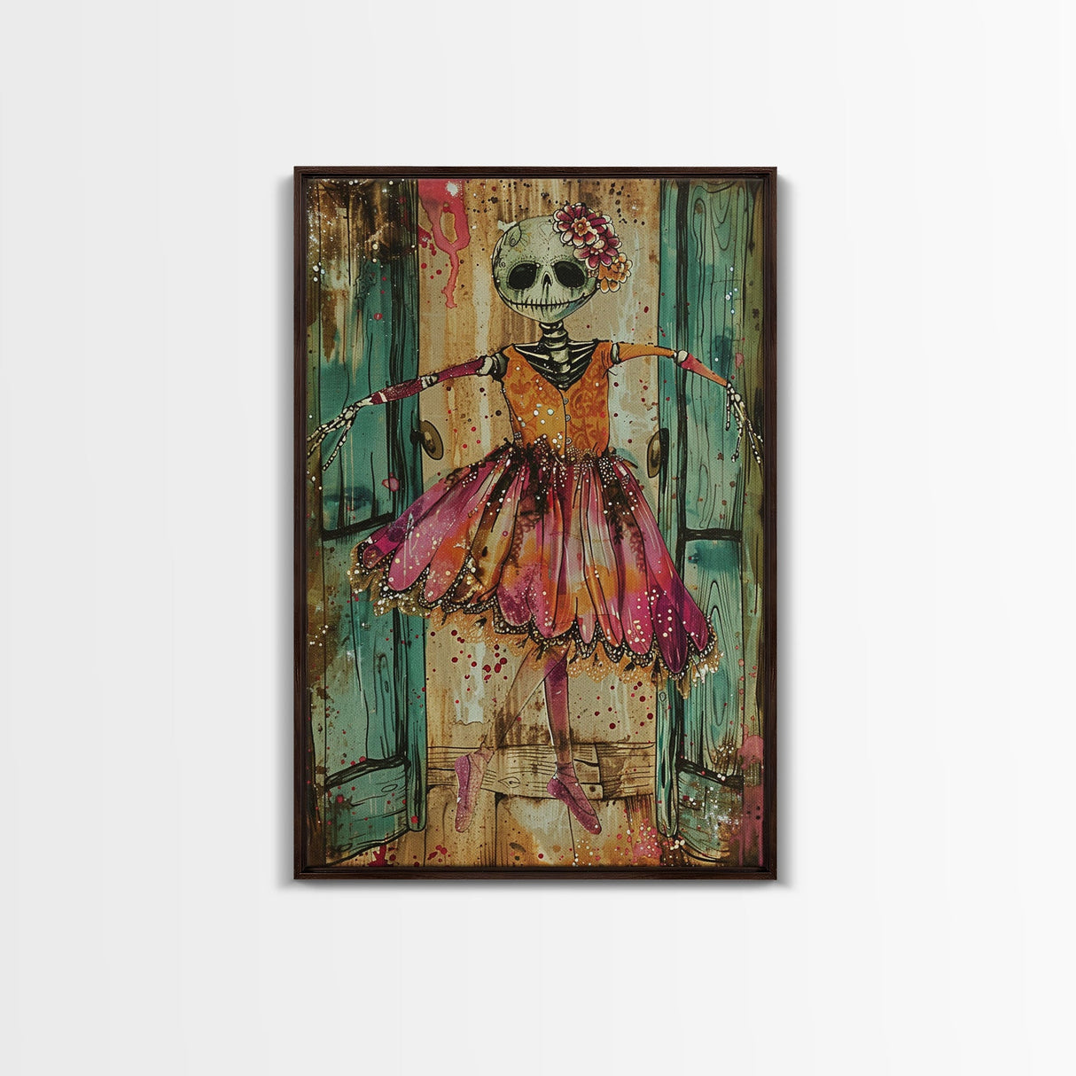 Spooky Skeleton Ballerina, Framed Canvas Print, Halloween Wall Art