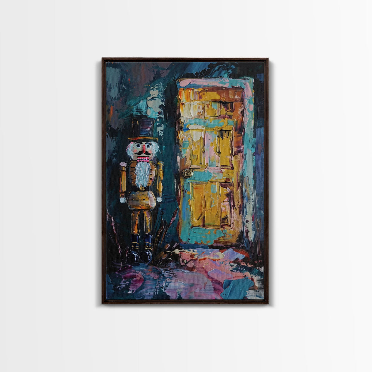 Nutcracker at Spooky Door Framed Canvas Print, Haunted Nutcracker Decor, Halloween Toy Art, Eerie Door Wall Art, Creepy Nutcracker Print