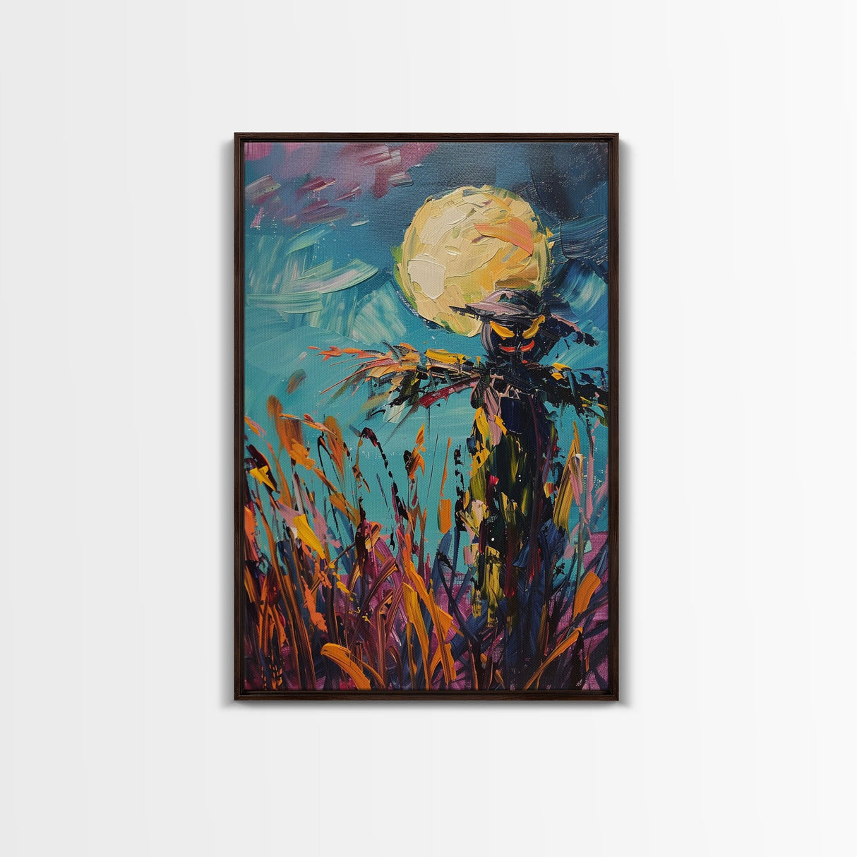 Halloween Spooky Scarecrow Under Full Moon Framed Canvas Print, Haunted Field Wall Art, Home Decor, Seasonal Decor, Gift Idea, Harvest Night