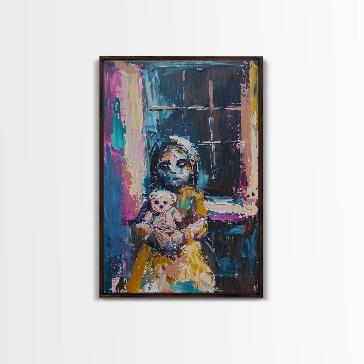 Halloween Creepy Girl with Doll, Framed Canvas Print, Wall Art, Living Room Decor, Spooky, Girl Art, Original Painting, Home Decor