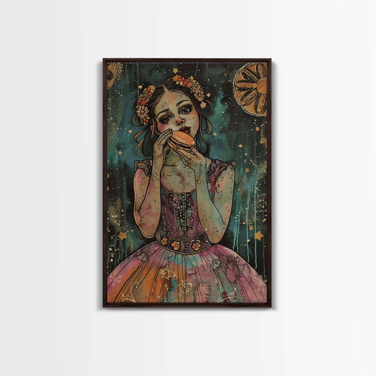 Halloween Girl Eating Macaron, Framed Canvas Print, Wall Art, Living Room Decor, Spooky, Girl Art, Original Painting, Home Decor