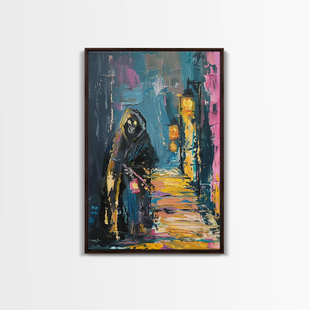 Halloween Grim Reaper with Lantern, Framed Canvas Print, Wall Art, Living Room Decor, Spooky, Grim Reaper Art, Original Painting