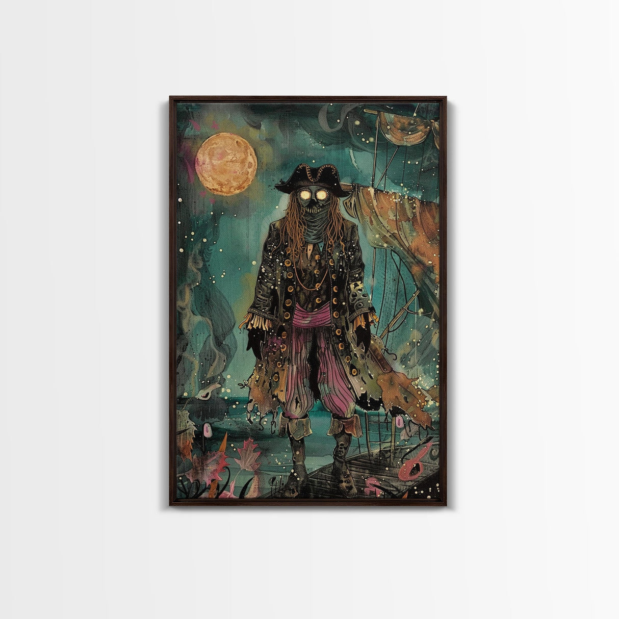 Halloween Ghost Pirate Under Full Moon Framed Canvas Print, Spooky Decor, Living Room Art, Nautical Halloween Wall Art, Home Decoration