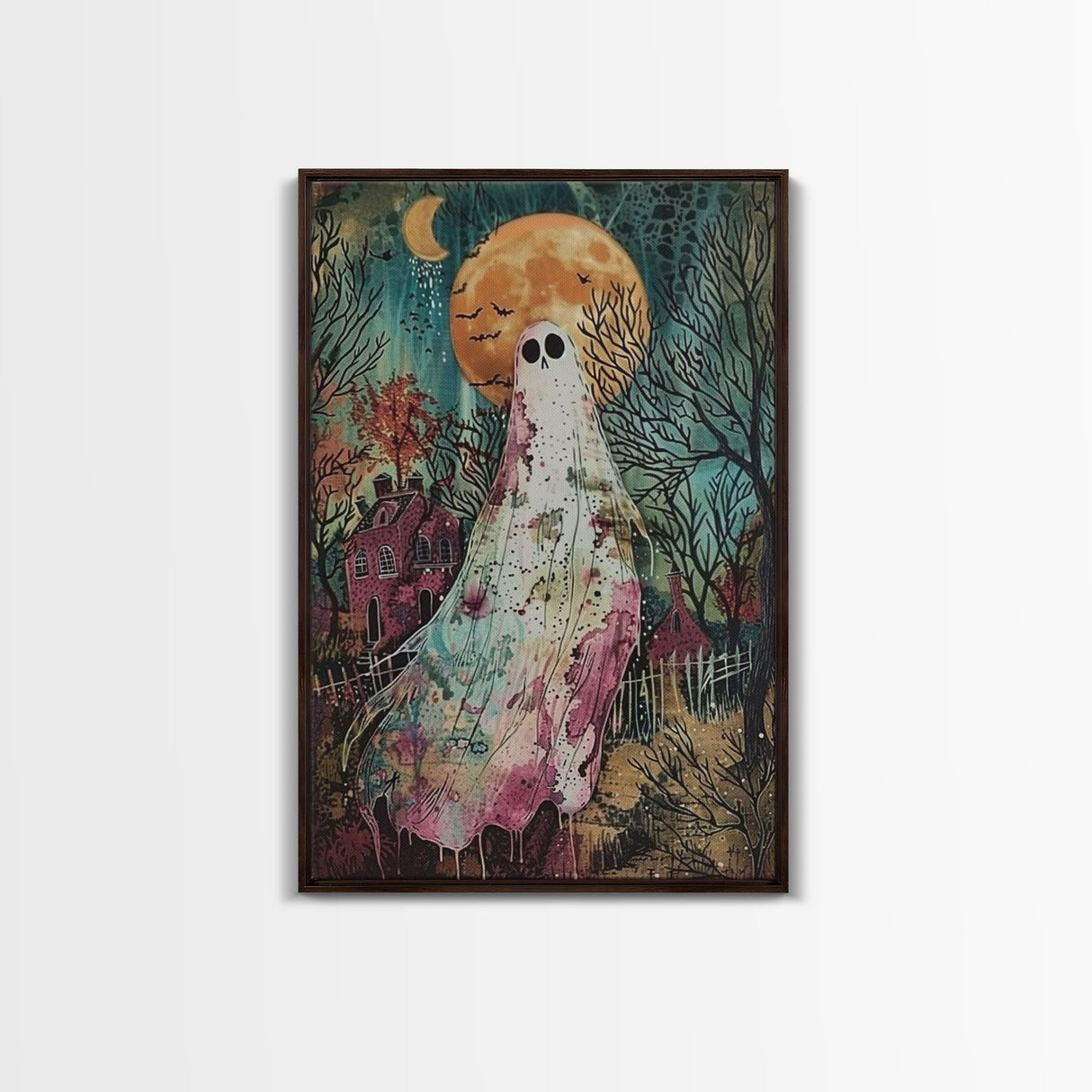 Halloween Ghost in Haunted Forest Framed Canvas Print, Spooky Decor, Living Room Art, Creepy Halloween Wall Art, Home Decoration