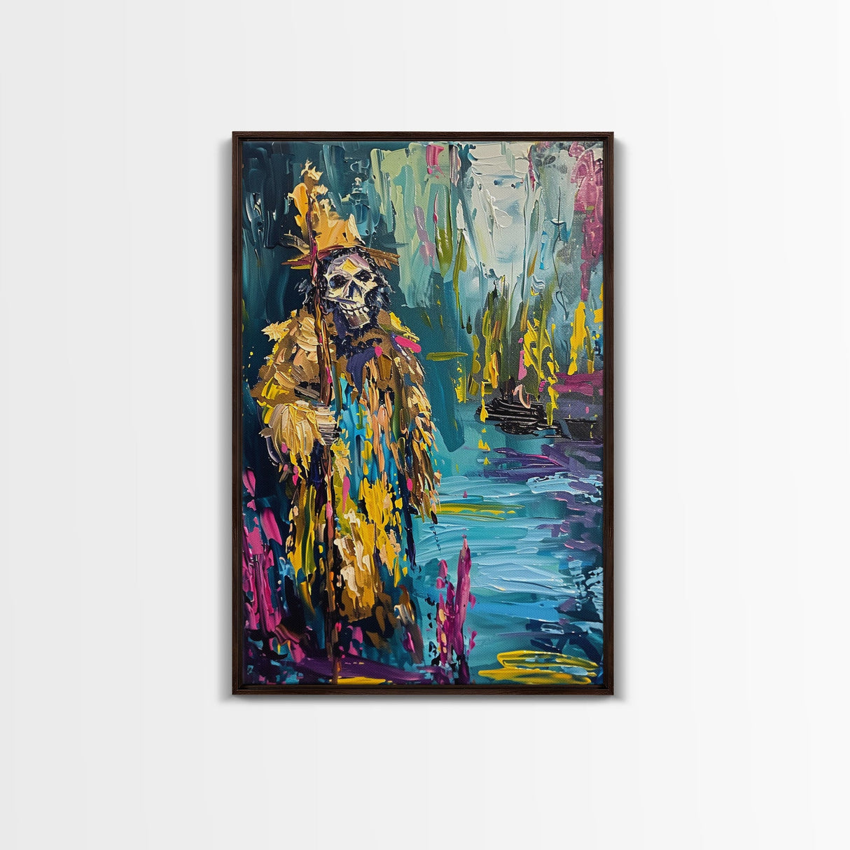 Halloween Skeleton Wizard, Framed Canvas Print, Wall Art, Home Decor, Spooky Artwork, Witchcraft Decor, Fantasy Art, Holiday Decor
