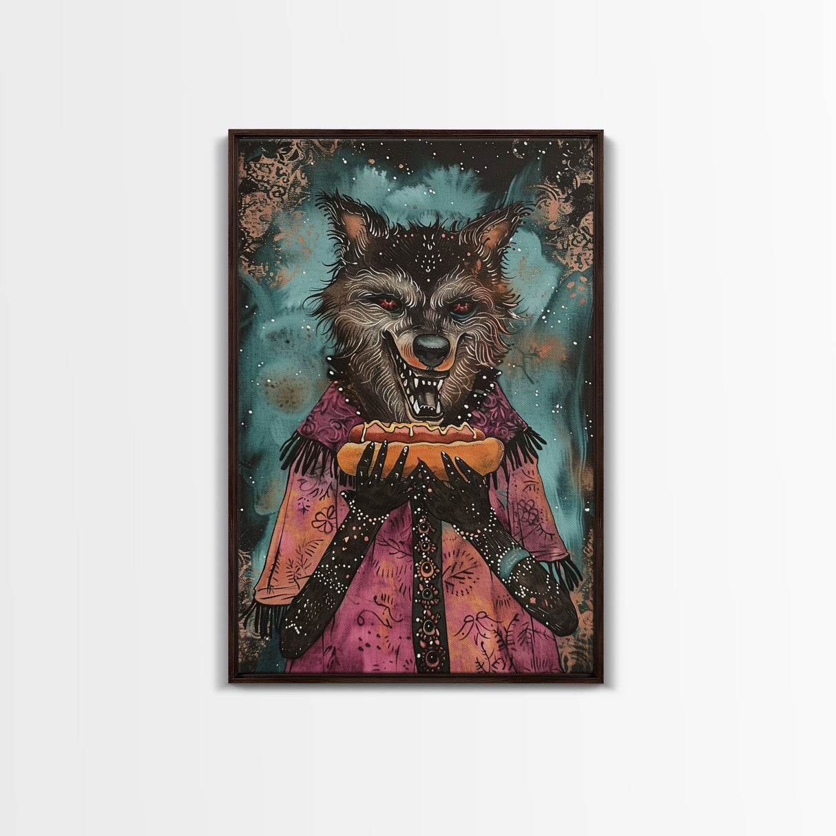 Halloween Werewolf with Hotdog, Framed Canvas Print, Wall Art, Home Decor, Spooky Artwork, Monster Decor, Halloween Decor, Funny Halloween