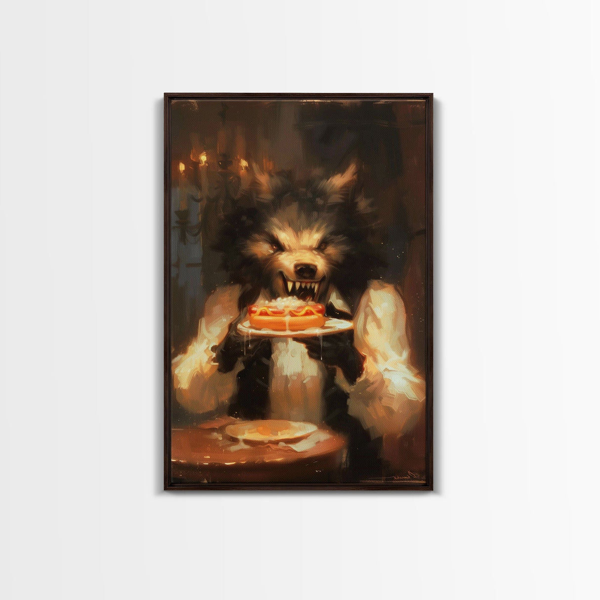 Halloween Werewolf Eating Hotdog, Framed Canvas Print, Wall Art, Spooky Artwork, Fantasy Decor, Halloween Decor, Whimsical Funny Halloween