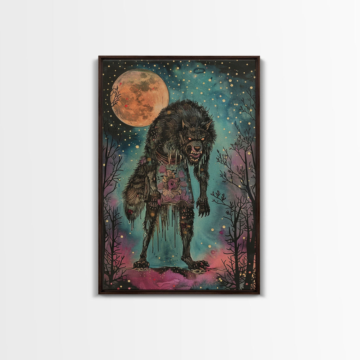 Halloween Spooky Full Moon Werewolf Framed Canvas Print, Wall Art, Living Room Decor, Halloween Decoration, Scary Wall Hanging, Haunted Art