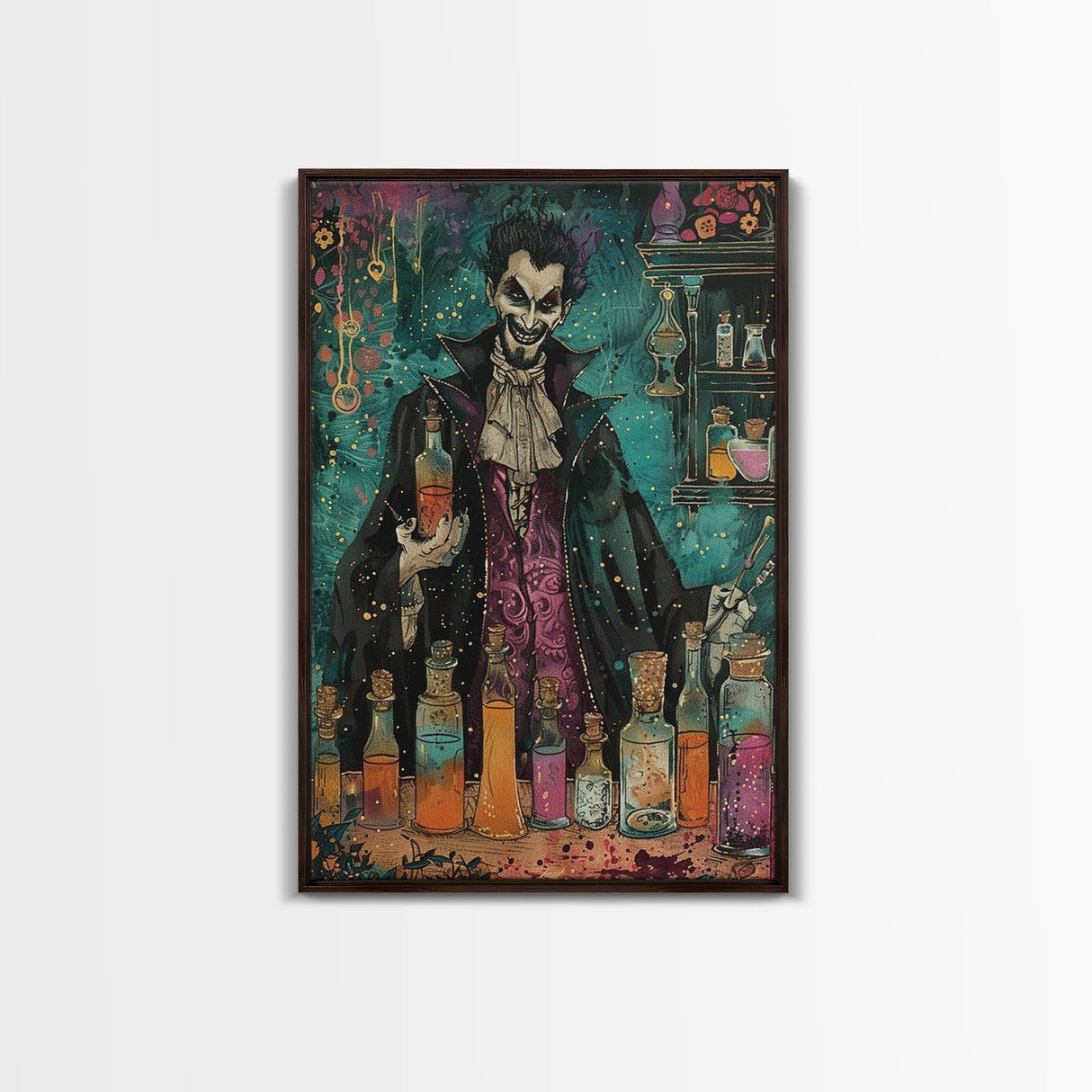 Halloween Frightening Werewolf with Burger Framed Canvas Print, Wall Art, Living Room Decor, Kitchen Art, Unique Halloween Gift Spooky Decor