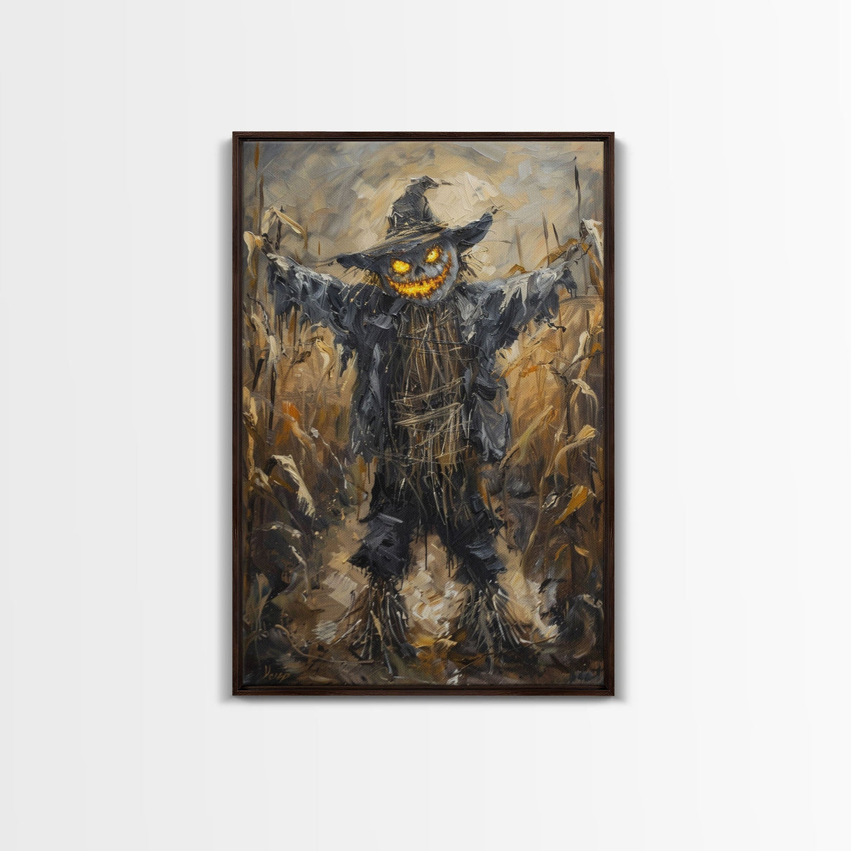 Sinister Scarecrow in Cornfield Framed Canvas Print | Halloween Horror Art | Spooky Farm Art | Creepy Scarecrow Art for Home Decoration