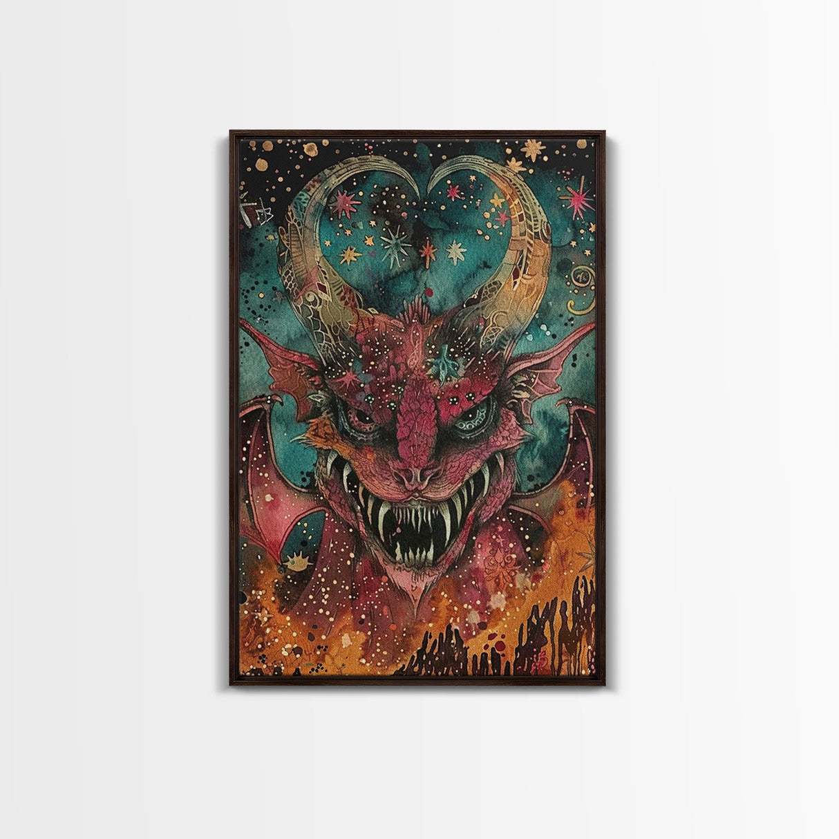 Fantastical Demon with Stars Framed Canvas Print | Halloween Monster Art | Spooky Starry Art | Scary Demon Art for Home Decoration