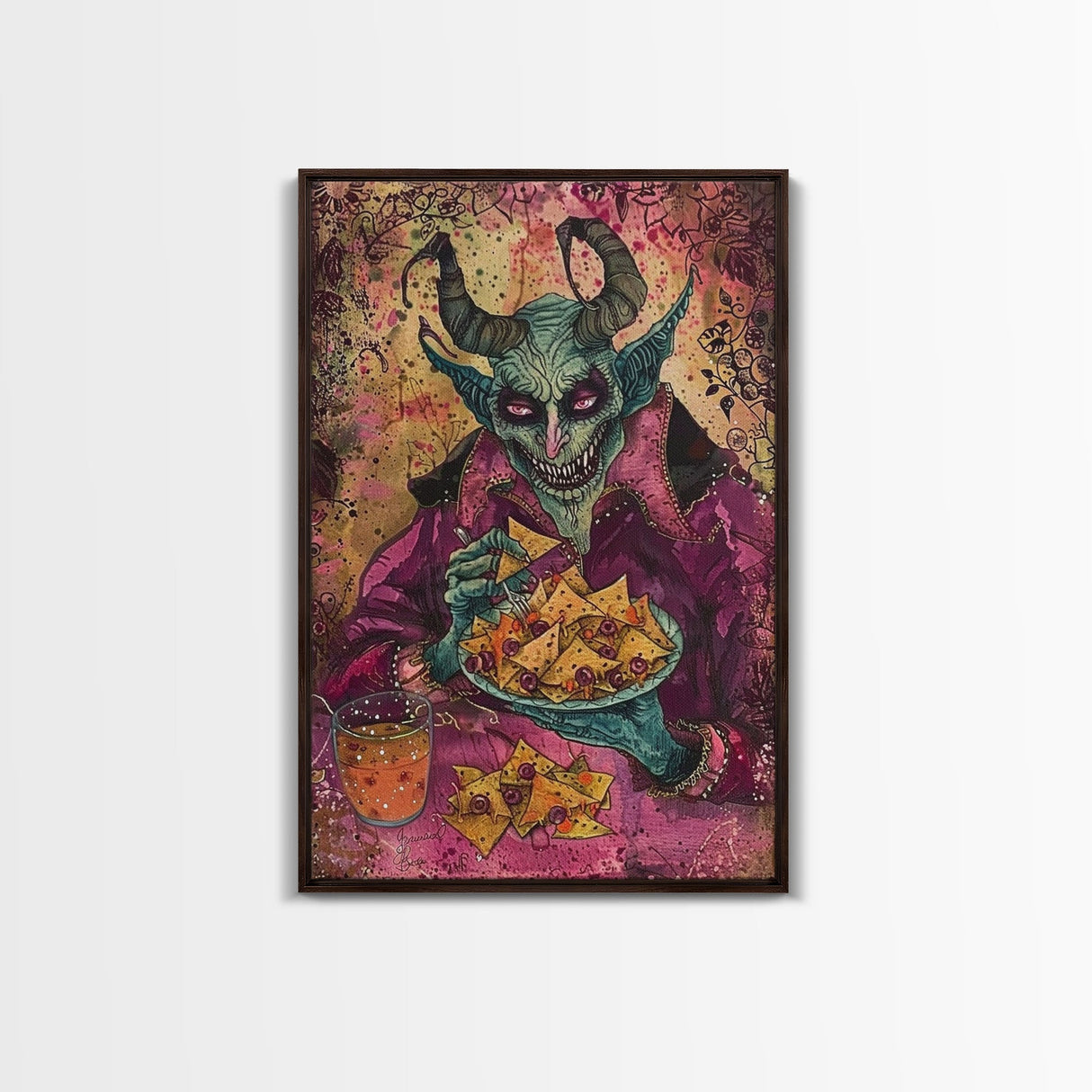 Spooky Demon Eating Chips Framed Canvas Print, Halloween Art, Unique Wall Art, Creepy Home Decor, Scary Art, Spooky Living Room Decor