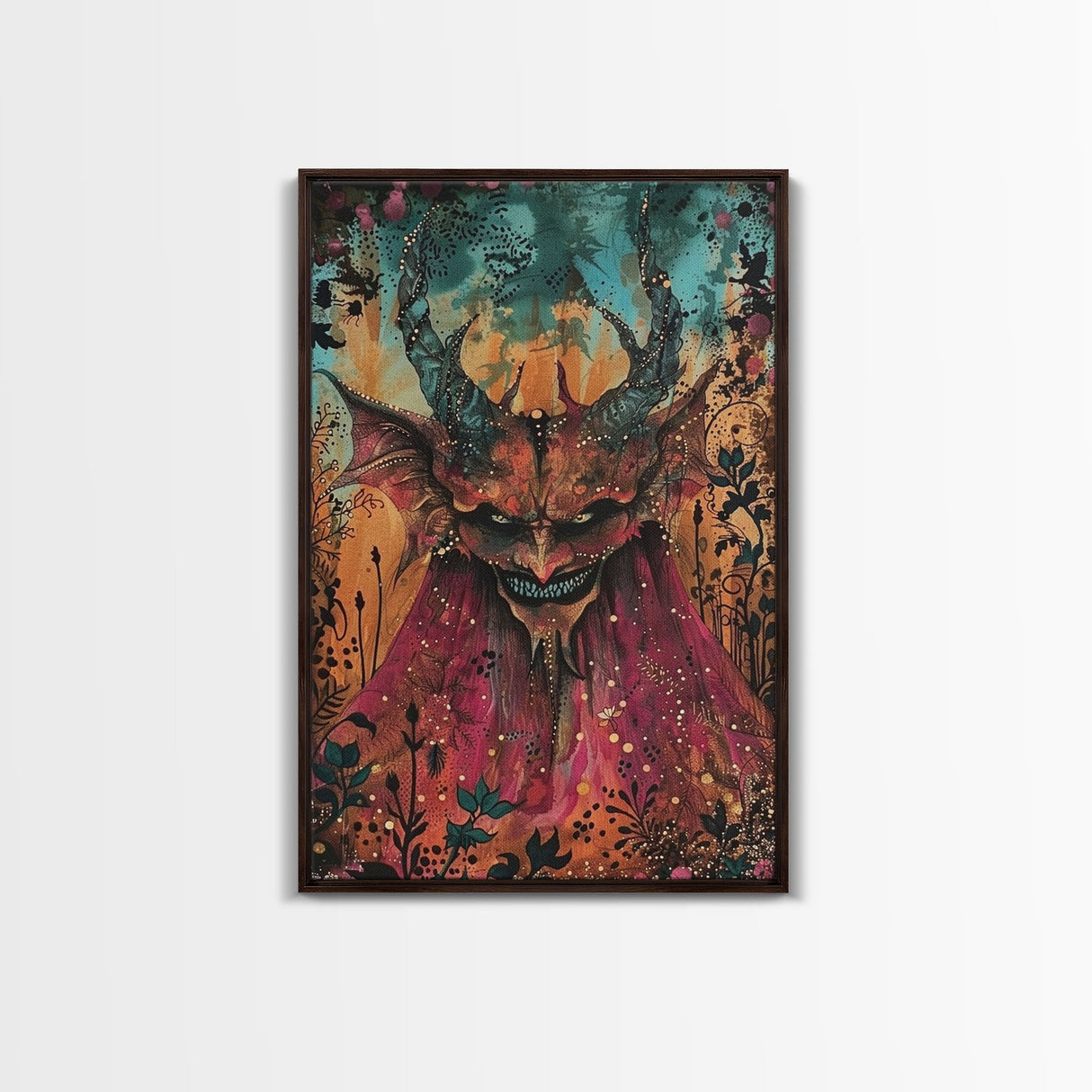 Dark Demon with Menacing Smile Framed Canvas Print, Halloween Art, Creepy Wall Art, Spooky Home Decor, Scary Art, Creepy Living Room Decor