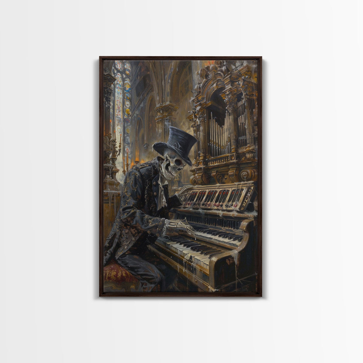 Halloween Skeleton Playing the Organ in Gothic Church - Creepy Skeleton Musician in Haunted Cathedral - Halloween Art Print - Gothic Decor