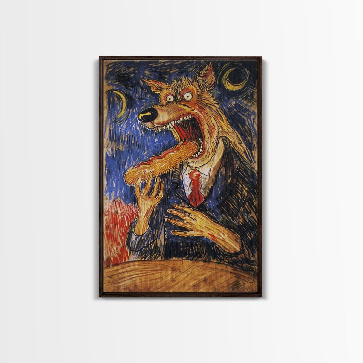 Business Werewolf Eating a Hot Dog, Framed Canvas print, Funny Halloween Art, Spooky Season, The Scream Inspired Funny Art