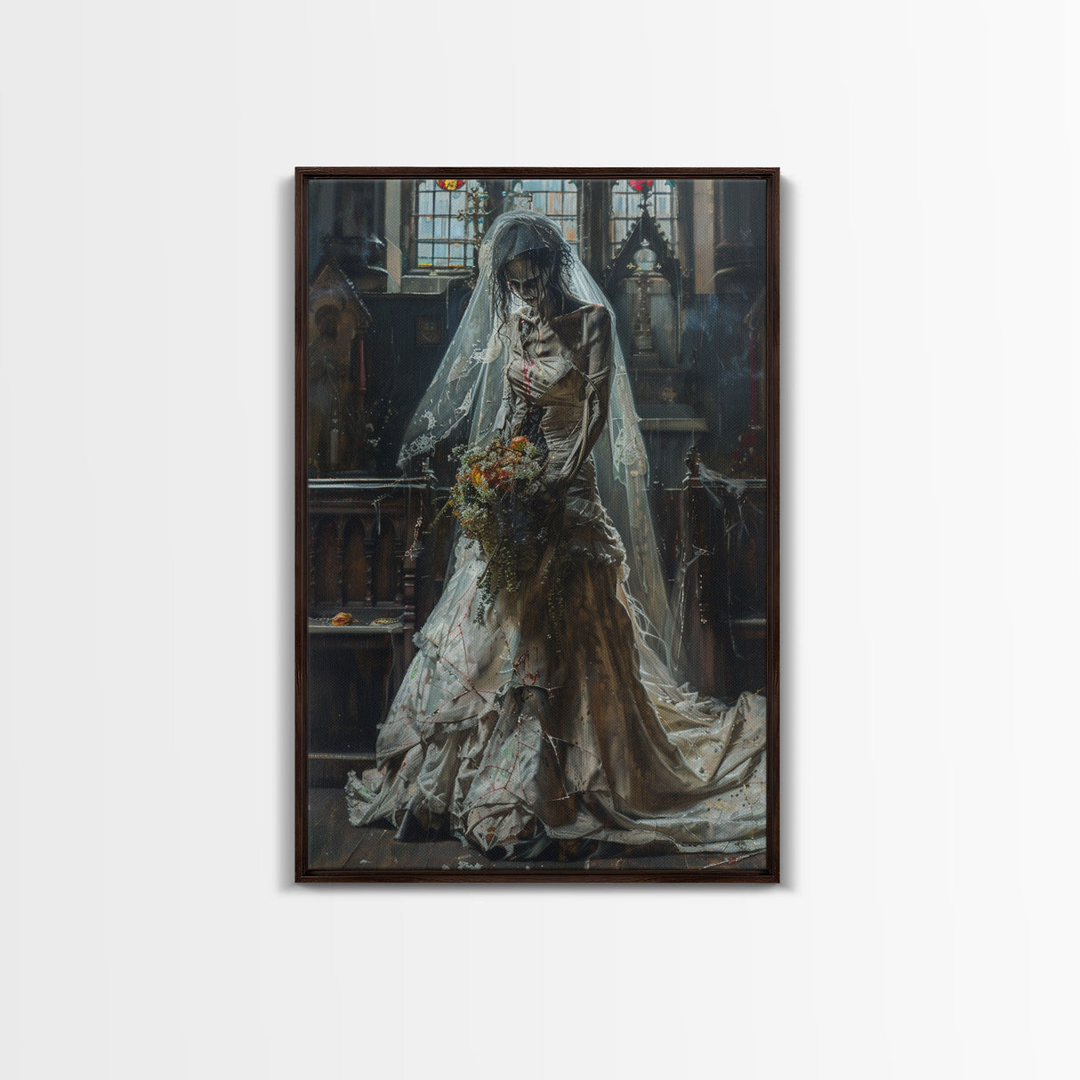 Ghostly Bride in Abandoned Church Framed Canvas Print | Halloween Bride Art | Eerie Bride Decor for Home | Haunted Wedding Artwork