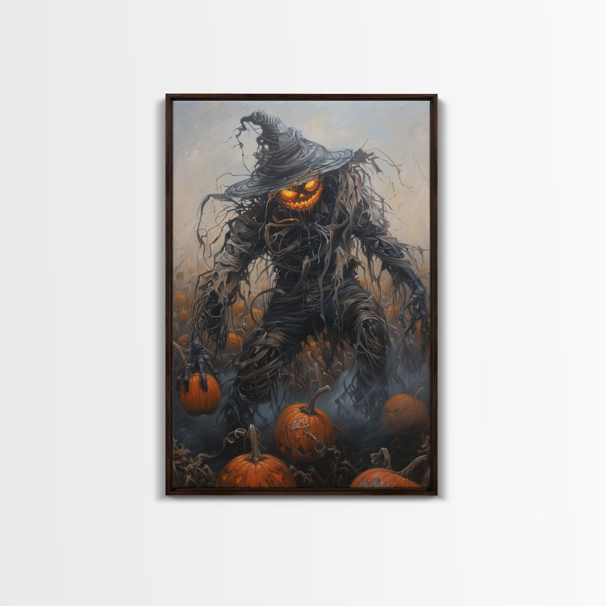 Haunting Scarecrow Holding Pumpkin in Misty Field | Halloween Wall Art | Spooky Home Decor | Creepy Scarecrow Painting | Framed Canvas Print