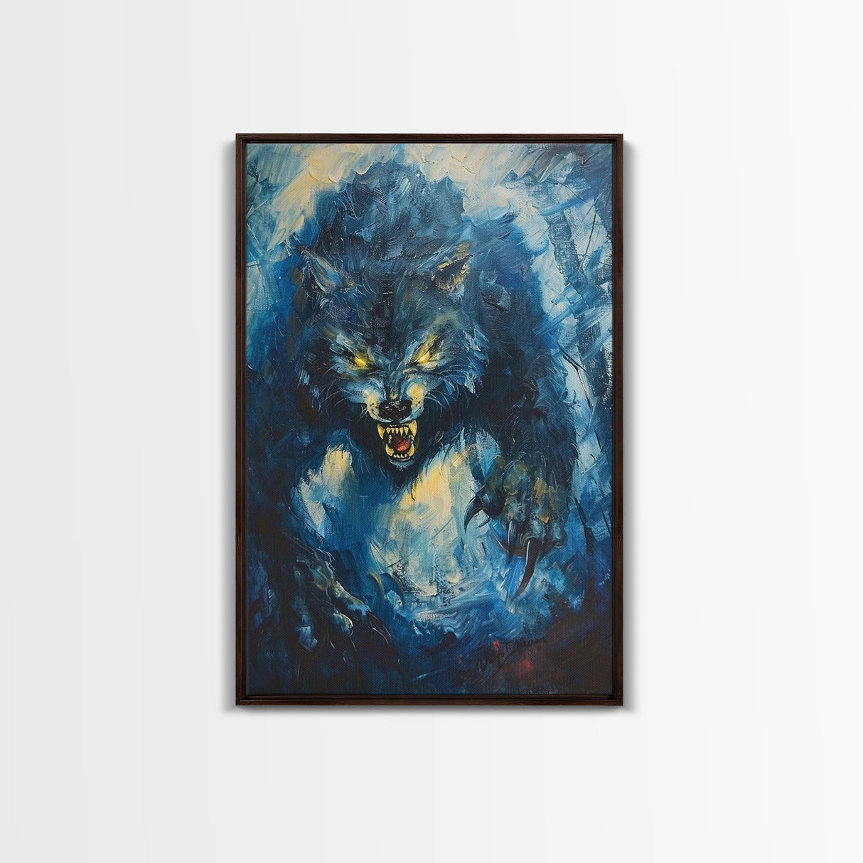 Ferocious Werewolf Growling in Forest | Halloween Wall Art | Spooky Home Decor | Creepy Werewolf Howling Painting | Framed Canvas Print