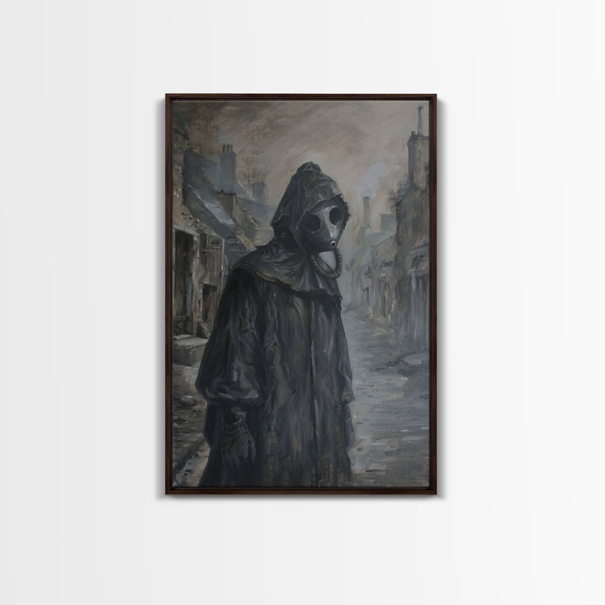 Plague Doctor in Abandoned Town | Halloween Wall Art | Spooky Home Decor | Creepy Plague Doctor Painting | Framed Canvas Print